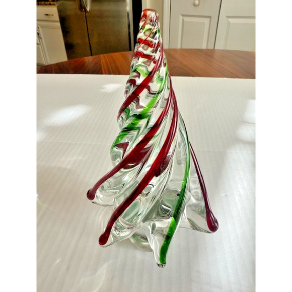 Blown Art Glass Christmas Tree ~ Clear Red & Green Swirl Twisted ~ 8” New - Picture 4 of 14